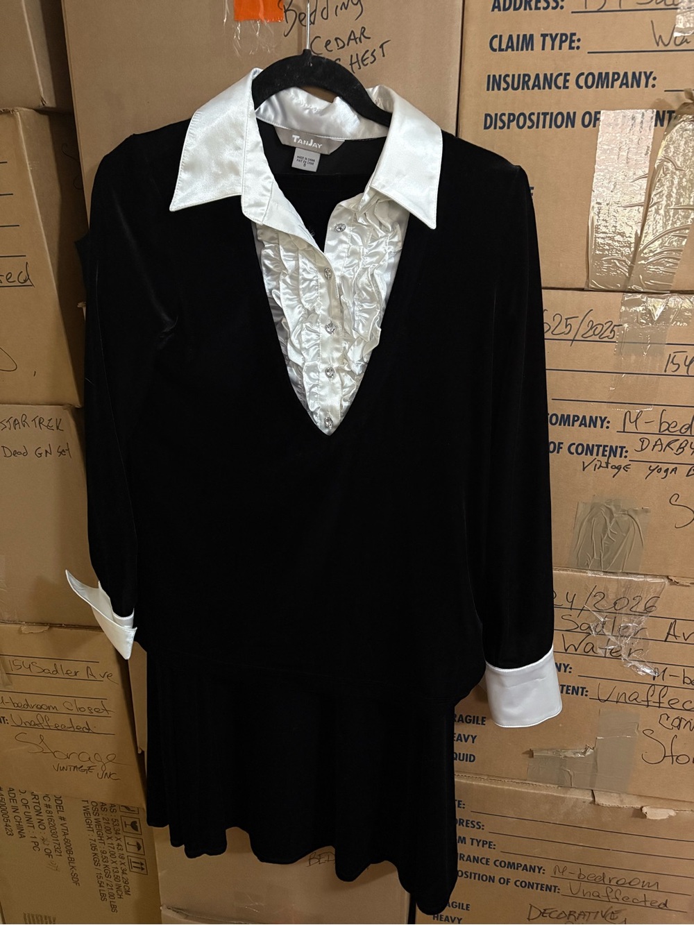 Vintage 90’s TanJay Black Velvet Skirt Set with White Satin Collar & Cuffs